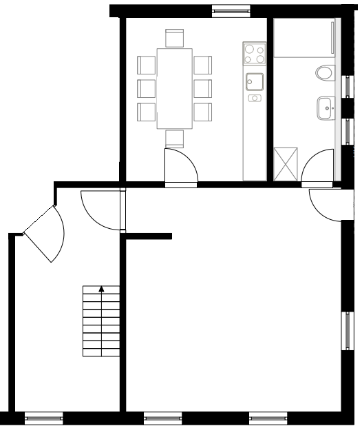 Grundriss der Ferienwohnung 2 mit Zwei räumen plus Bad und Eingang aus dem Flur mit Treppe
